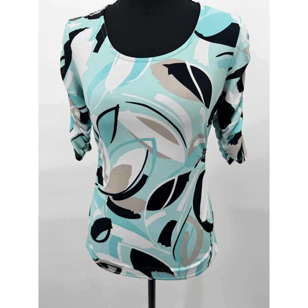 Alfani Ruched Side Top Women P/S Mint Black Abstract Leaf Print 3/4 Sleeve